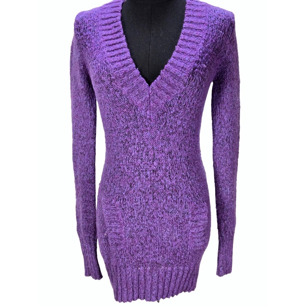 Women's Y2K Med Charlotte Russe Purple V-Neck Knit Wool Blend Longline Sweater